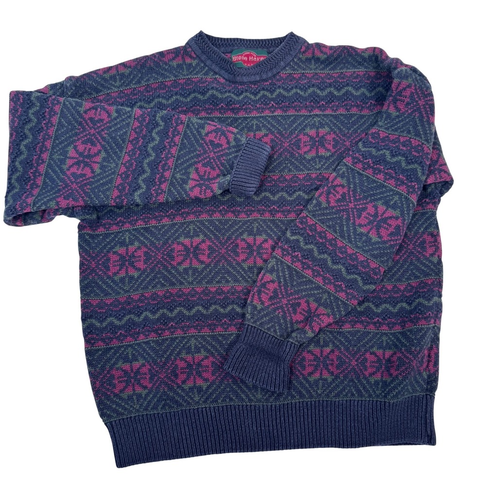 90S Fair Isle Sweater Men L Stone Haven Pullover Nordic Grandpa Cabin Heritage